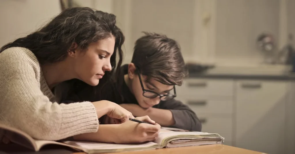 Mom studying with her son