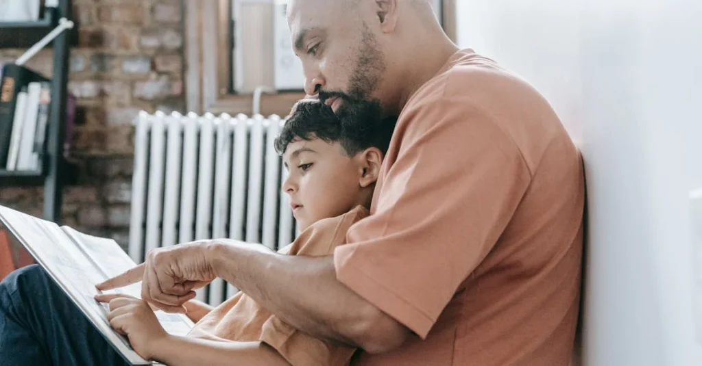 Father and son reading