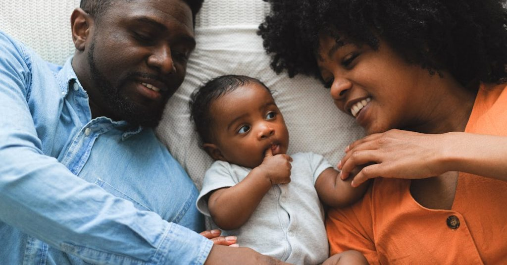 Family lying in a bed